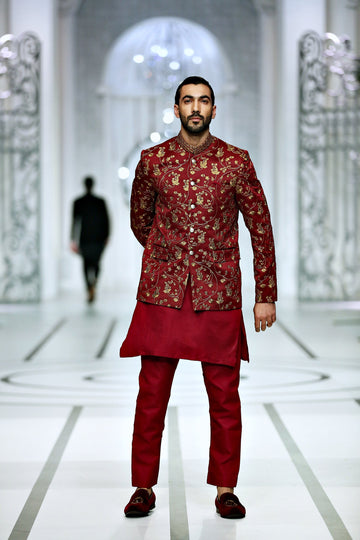 Maroon Color Golden Embroidered Prince Coat For Men